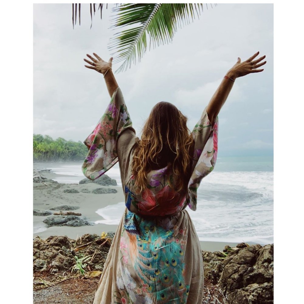 Boho Gypsy Tan Floral Peacock Kimono Cover up Duster - Picture 5 of 8